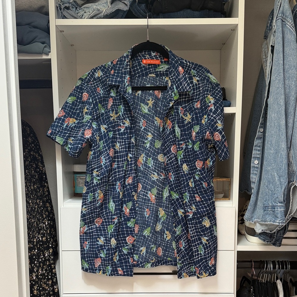 Tori Richard Blue Floral Grid Men's Polo Shirt